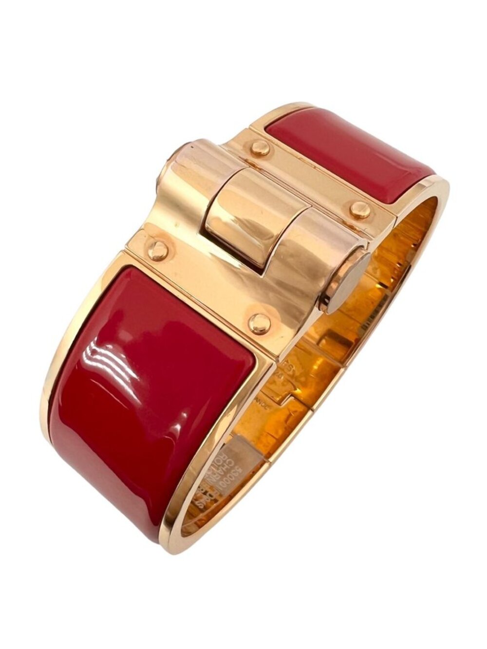 Hermes Charniere Enamel Gold Red Bangle Bracelet